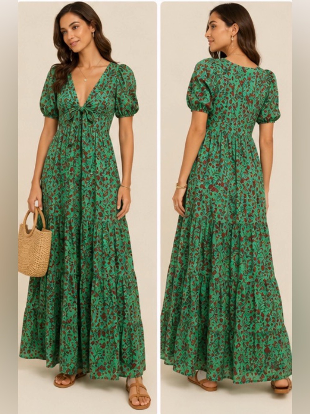 NWT Banjanan Norma Maxi Dress XS Green Red Floral Puff Sleeve Cotton $365
